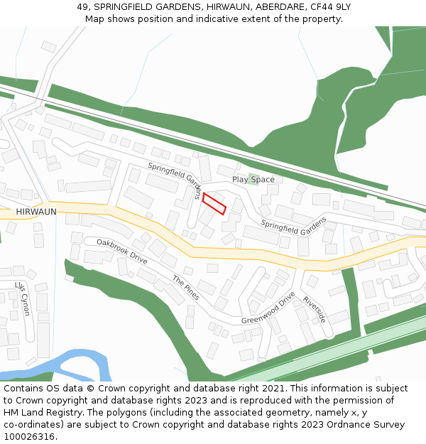 49, SPRINGFIELD GARDENS, HIRWAUN, ABERDARE, CF44 9LY: Location map and indicative extent of plot