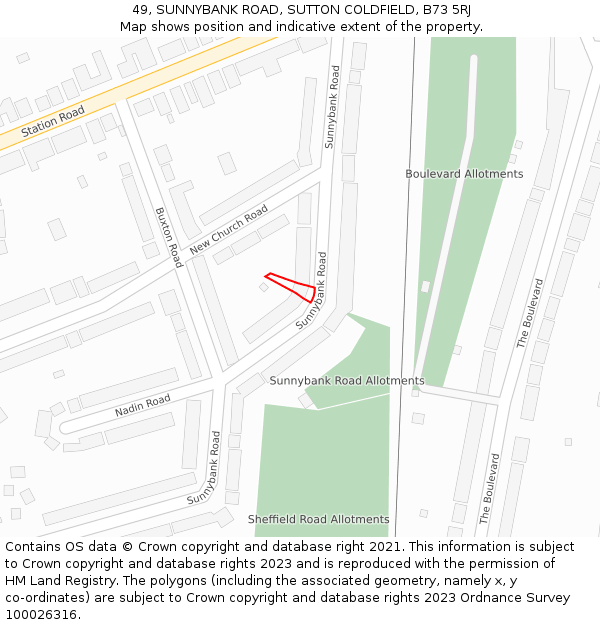 49, SUNNYBANK ROAD, SUTTON COLDFIELD, B73 5RJ: Location map and indicative extent of plot
