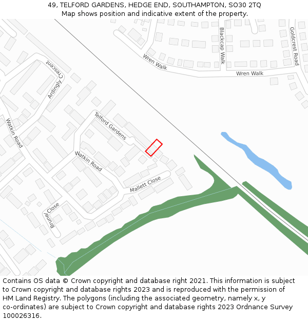 49, TELFORD GARDENS, HEDGE END, SOUTHAMPTON, SO30 2TQ: Location map and indicative extent of plot
