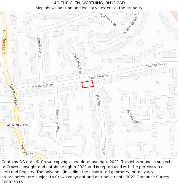 49, THE GLEN, WORTHING, BN13 2AD: Location map and indicative extent of plot