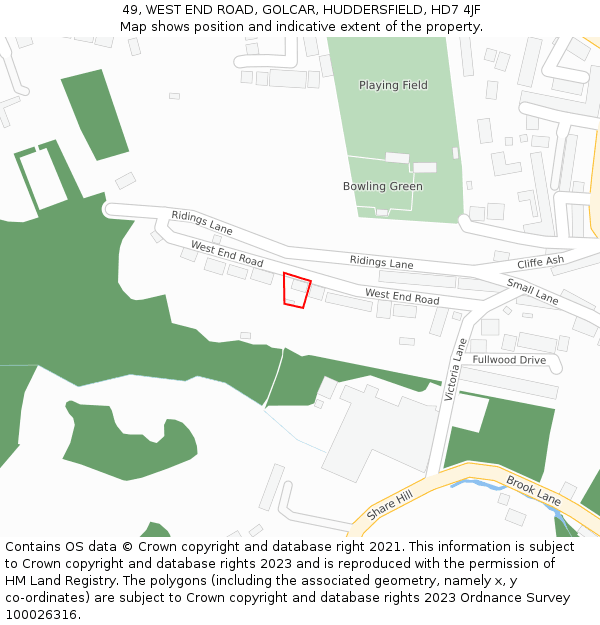 49, WEST END ROAD, GOLCAR, HUDDERSFIELD, HD7 4JF: Location map and indicative extent of plot