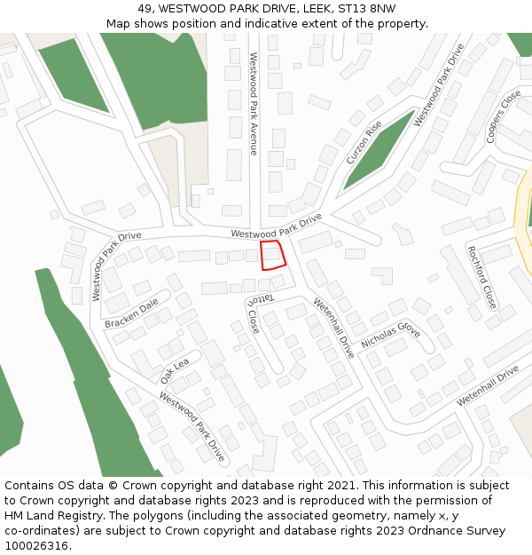 49, WESTWOOD PARK DRIVE, LEEK, ST13 8NW: Location map and indicative extent of plot