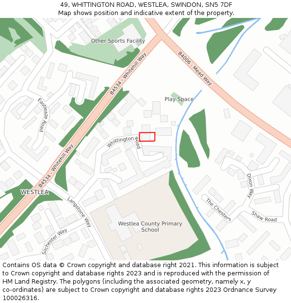 49, WHITTINGTON ROAD, WESTLEA, SWINDON, SN5 7DF: Location map and indicative extent of plot