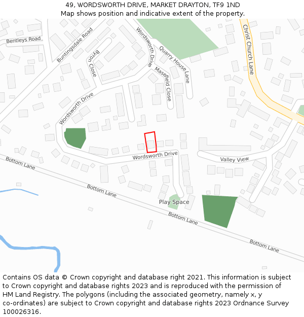 49, WORDSWORTH DRIVE, MARKET DRAYTON, TF9 1ND: Location map and indicative extent of plot