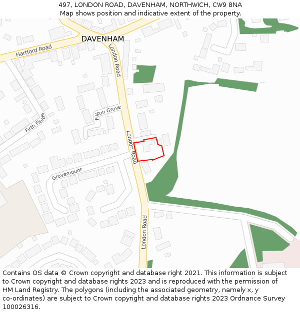 497, LONDON ROAD, DAVENHAM, NORTHWICH, CW9 8NA: Location map and indicative extent of plot
