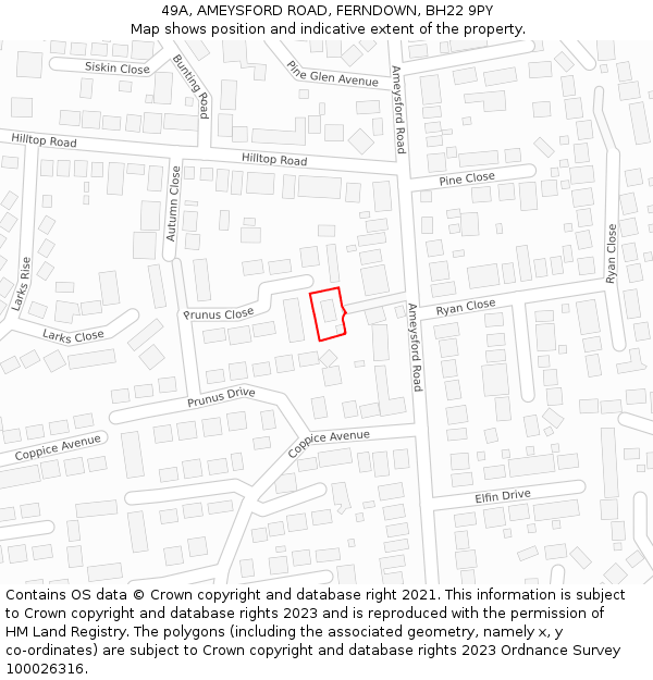 49A, AMEYSFORD ROAD, FERNDOWN, BH22 9PY: Location map and indicative extent of plot