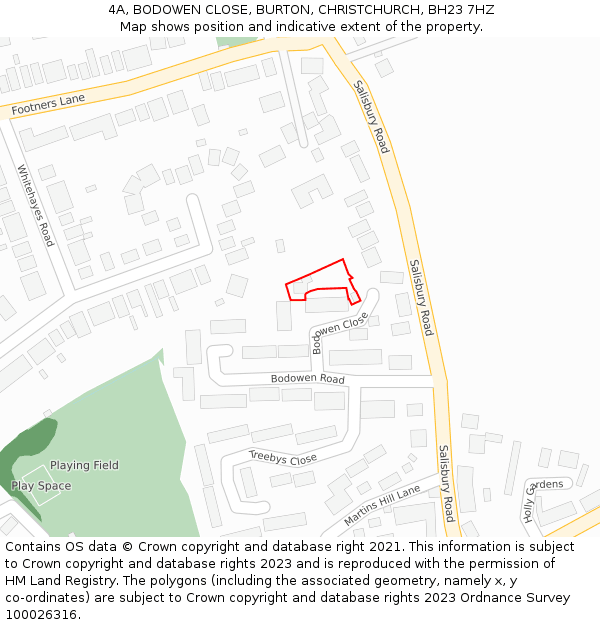 4A, BODOWEN CLOSE, BURTON, CHRISTCHURCH, BH23 7HZ: Location map and indicative extent of plot