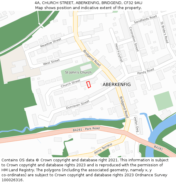 4A, CHURCH STREET, ABERKENFIG, BRIDGEND, CF32 9AU: Location map and indicative extent of plot