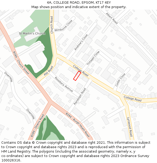 4A, COLLEGE ROAD, EPSOM, KT17 4EY: Location map and indicative extent of plot