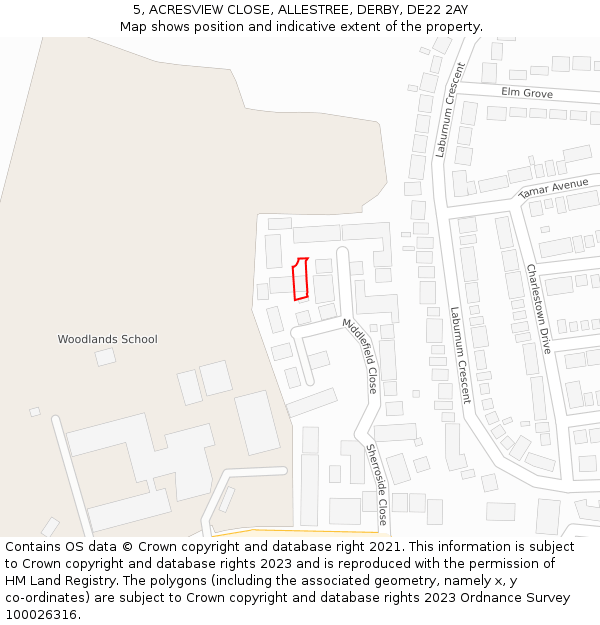 5, ACRESVIEW CLOSE, ALLESTREE, DERBY, DE22 2AY: Location map and indicative extent of plot