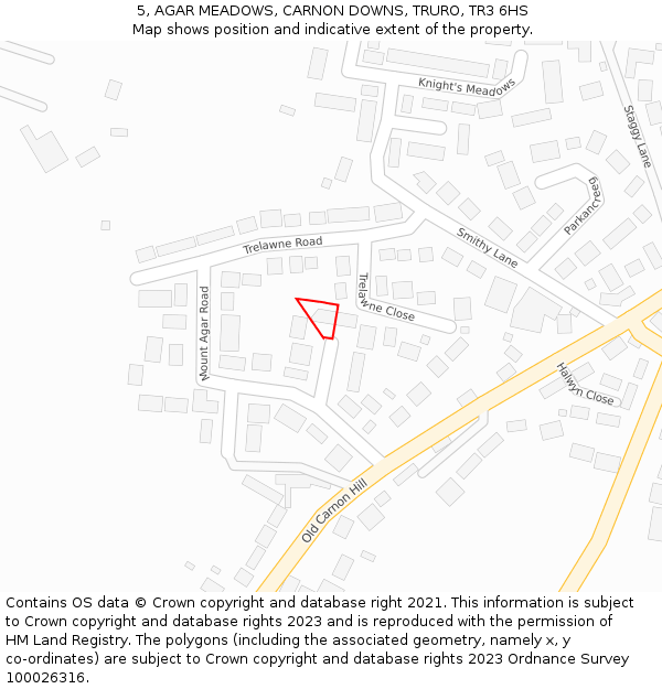 5, AGAR MEADOWS, CARNON DOWNS, TRURO, TR3 6HS: Location map and indicative extent of plot