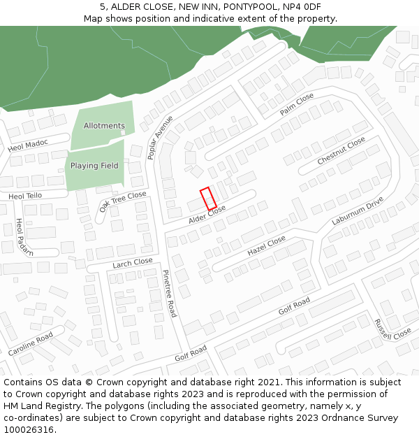 5, ALDER CLOSE, NEW INN, PONTYPOOL, NP4 0DF: Location map and indicative extent of plot