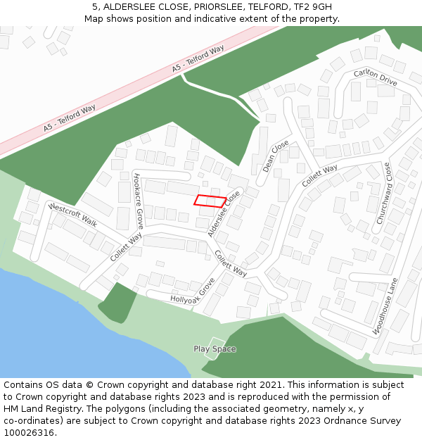 5, ALDERSLEE CLOSE, PRIORSLEE, TELFORD, TF2 9GH: Location map and indicative extent of plot