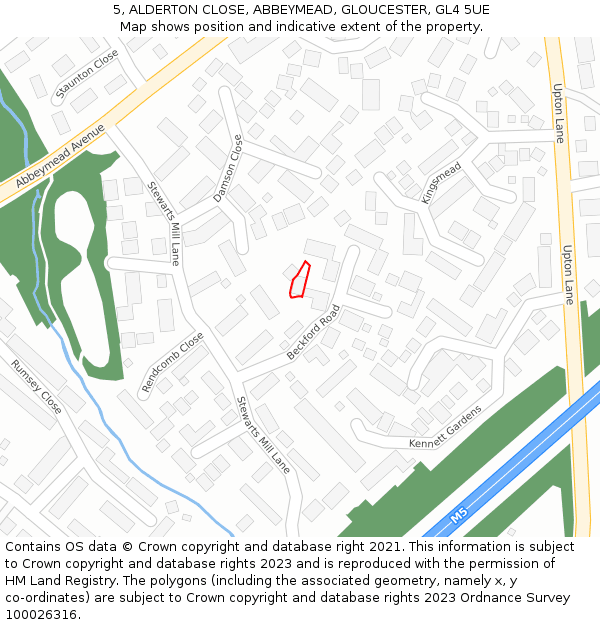 5, ALDERTON CLOSE, ABBEYMEAD, GLOUCESTER, GL4 5UE: Location map and indicative extent of plot