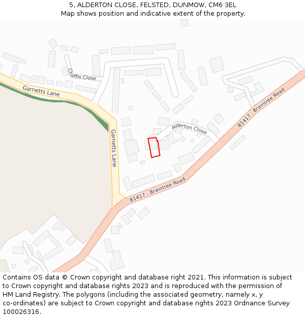 5, ALDERTON CLOSE, FELSTED, DUNMOW, CM6 3EL: Location map and indicative extent of plot