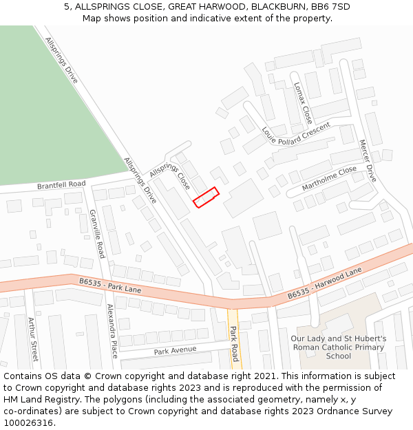 5, ALLSPRINGS CLOSE, GREAT HARWOOD, BLACKBURN, BB6 7SD: Location map and indicative extent of plot