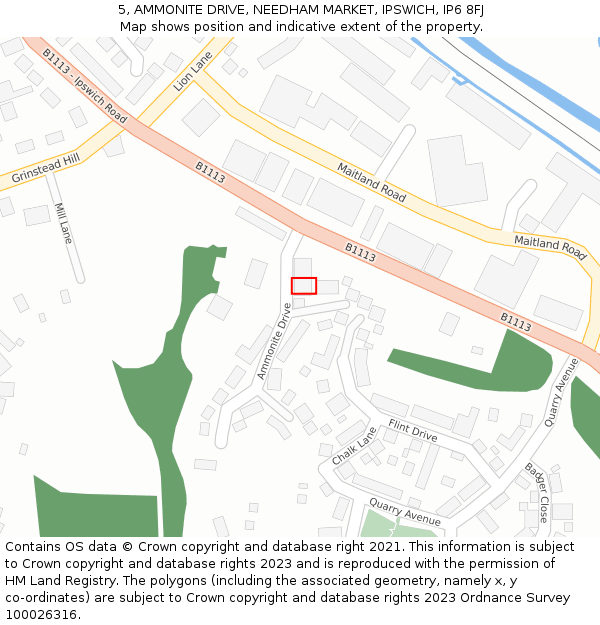 5, AMMONITE DRIVE, NEEDHAM MARKET, IPSWICH, IP6 8FJ: Location map and indicative extent of plot