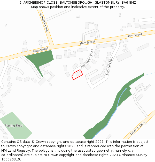 5, ARCHBISHOP CLOSE, BALTONSBOROUGH, GLASTONBURY, BA6 8NZ: Location map and indicative extent of plot