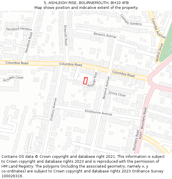 5, ASHLEIGH RISE, BOURNEMOUTH, BH10 4FB: Location map and indicative extent of plot