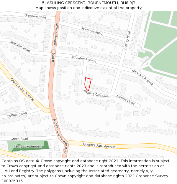 5, ASHLING CRESCENT, BOURNEMOUTH, BH8 9JB: Location map and indicative extent of plot