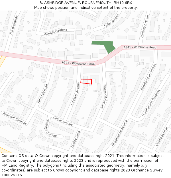 5, ASHRIDGE AVENUE, BOURNEMOUTH, BH10 6BX: Location map and indicative extent of plot