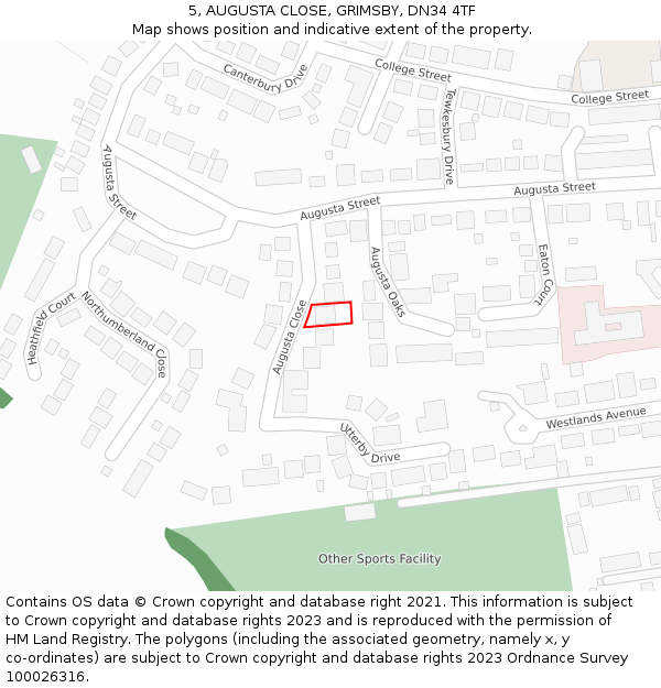 5, AUGUSTA CLOSE, GRIMSBY, DN34 4TF: Location map and indicative extent of plot