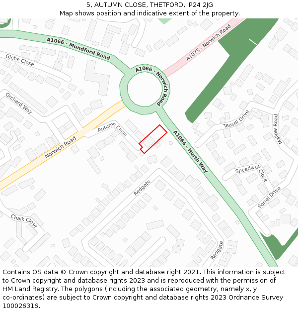 5, AUTUMN CLOSE, THETFORD, IP24 2JG: Location map and indicative extent of plot