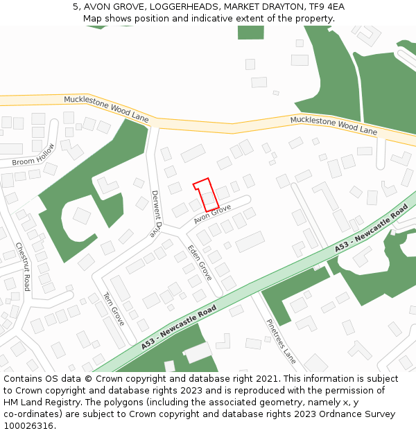5, AVON GROVE, LOGGERHEADS, MARKET DRAYTON, TF9 4EA: Location map and indicative extent of plot
