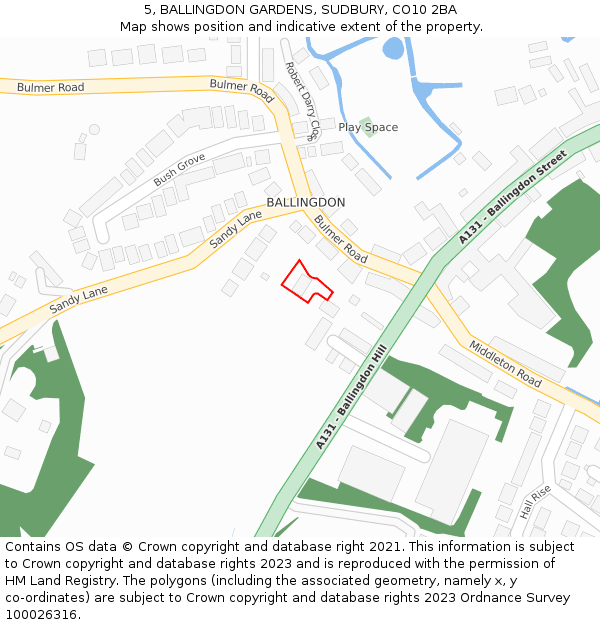5, BALLINGDON GARDENS, SUDBURY, CO10 2BA: Location map and indicative extent of plot
