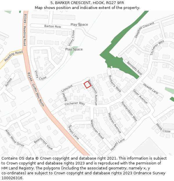 5, BARKER CRESCENT, HOOK, RG27 9FR: Location map and indicative extent of plot