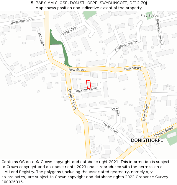5, BARKLAM CLOSE, DONISTHORPE, SWADLINCOTE, DE12 7QJ: Location map and indicative extent of plot