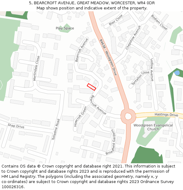 5, BEARCROFT AVENUE, GREAT MEADOW, WORCESTER, WR4 0DR: Location map and indicative extent of plot