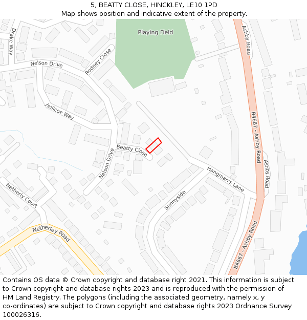 5, BEATTY CLOSE, HINCKLEY, LE10 1PD: Location map and indicative extent of plot