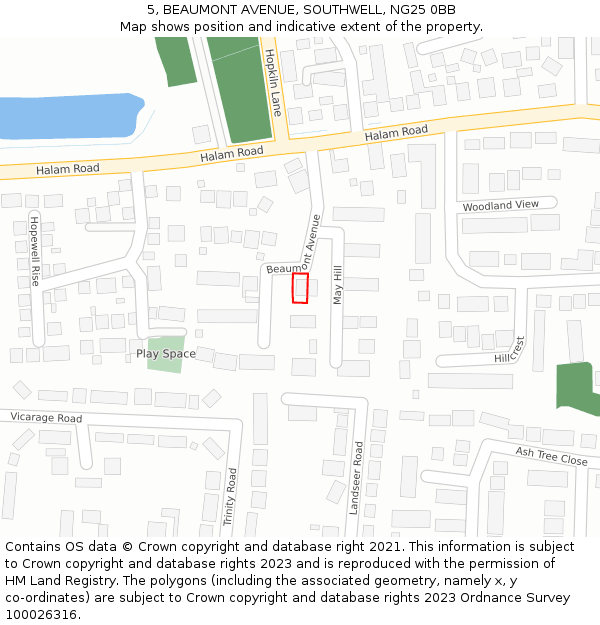 5, BEAUMONT AVENUE, SOUTHWELL, NG25 0BB: Location map and indicative extent of plot