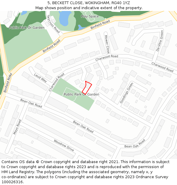 5, BECKETT CLOSE, WOKINGHAM, RG40 1YZ: Location map and indicative extent of plot