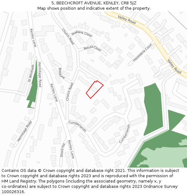 5, BEECHCROFT AVENUE, KENLEY, CR8 5JZ: Location map and indicative extent of plot
