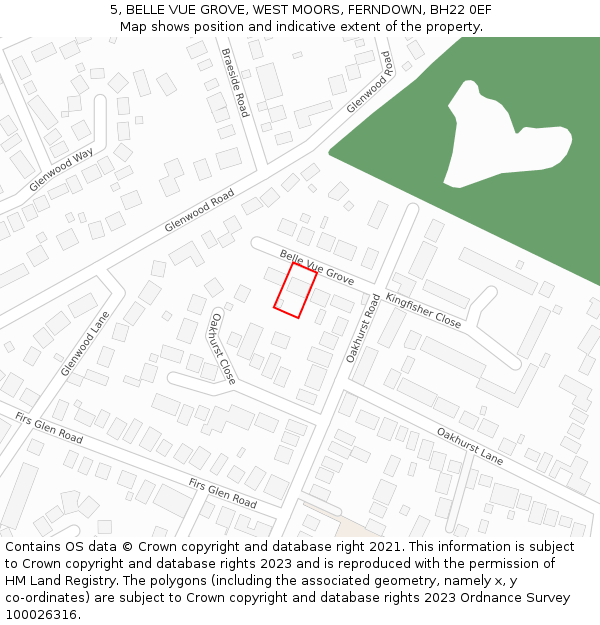 5, BELLE VUE GROVE, WEST MOORS, FERNDOWN, BH22 0EF: Location map and indicative extent of plot