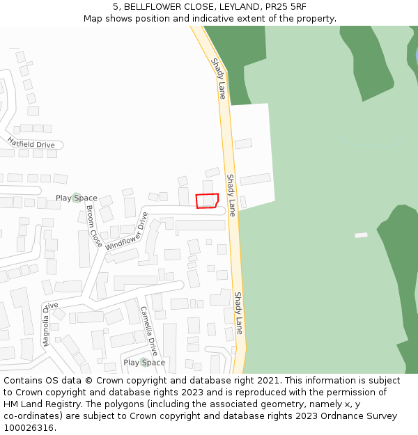 5, BELLFLOWER CLOSE, LEYLAND, PR25 5RF: Location map and indicative extent of plot