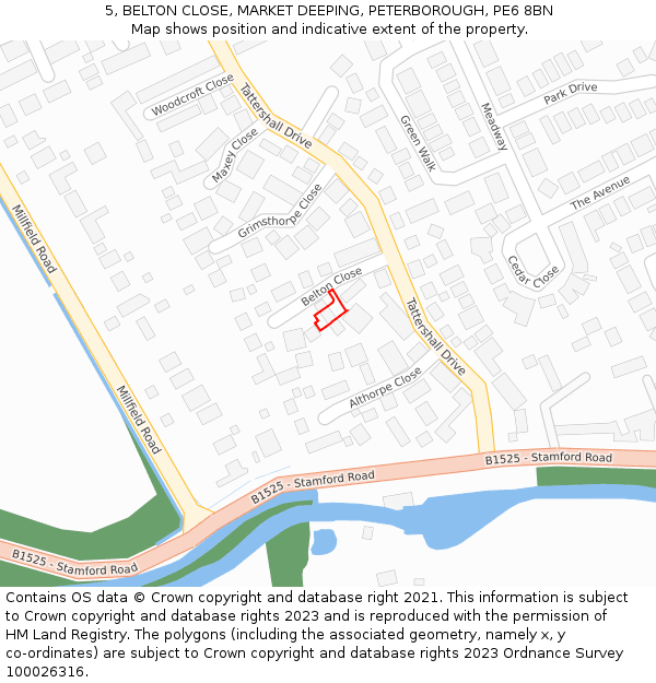 5, BELTON CLOSE, MARKET DEEPING, PETERBOROUGH, PE6 8BN: Location map and indicative extent of plot