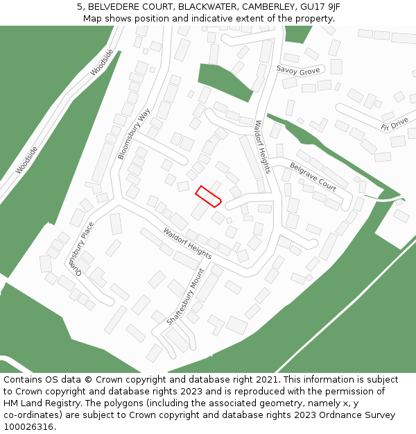 5, BELVEDERE COURT, BLACKWATER, CAMBERLEY, GU17 9JF: Location map and indicative extent of plot