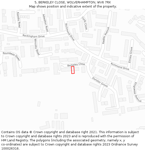 5, BERKELEY CLOSE, WOLVERHAMPTON, WV6 7RX: Location map and indicative extent of plot