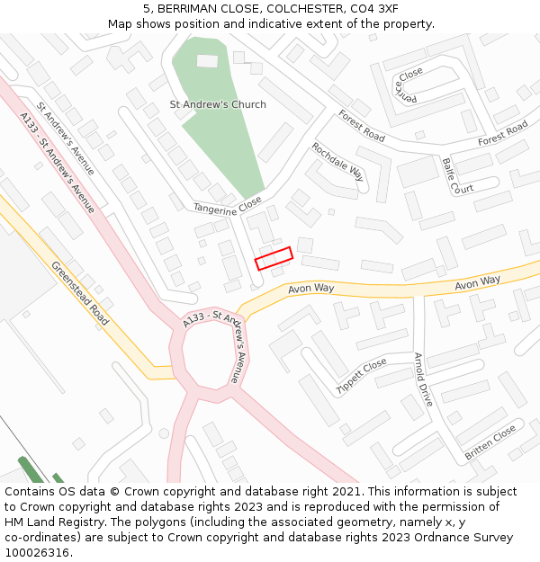 5, BERRIMAN CLOSE, COLCHESTER, CO4 3XF: Location map and indicative extent of plot