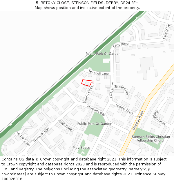 5, BETONY CLOSE, STENSON FIELDS, DERBY, DE24 3FH: Location map and indicative extent of plot