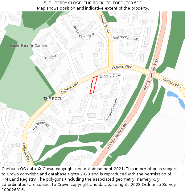 5, BILBERRY CLOSE, THE ROCK, TELFORD, TF3 5DF: Location map and indicative extent of plot