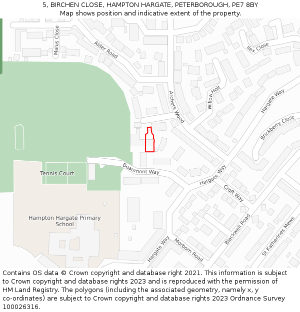 5, BIRCHEN CLOSE, HAMPTON HARGATE, PETERBOROUGH, PE7 8BY: Location map and indicative extent of plot