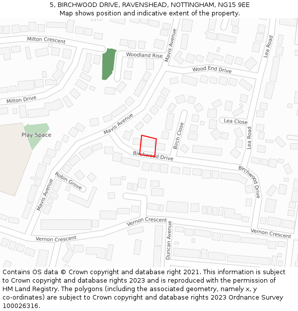 5, BIRCHWOOD DRIVE, RAVENSHEAD, NOTTINGHAM, NG15 9EE: Location map and indicative extent of plot