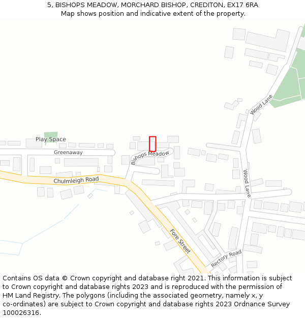 5, BISHOPS MEADOW, MORCHARD BISHOP, CREDITON, EX17 6RA: Location map and indicative extent of plot