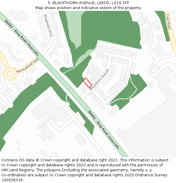 5, BLACKTHORN AVENUE, LEEDS, LS14 1FP: Location map and indicative extent of plot