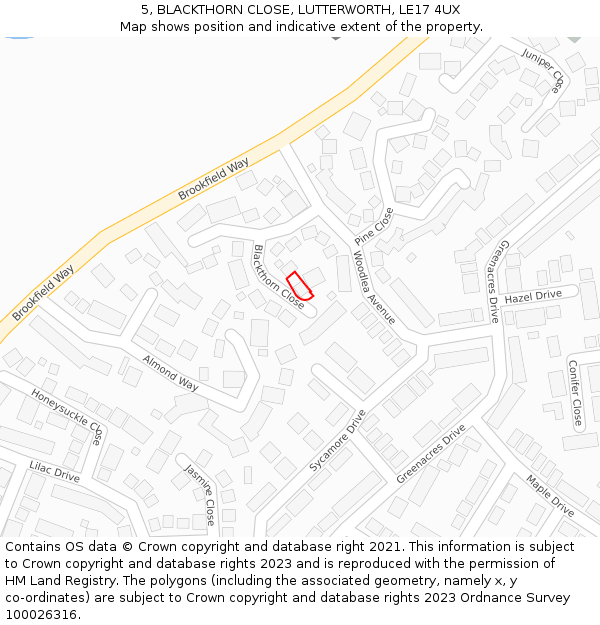 5, BLACKTHORN CLOSE, LUTTERWORTH, LE17 4UX: Location map and indicative extent of plot