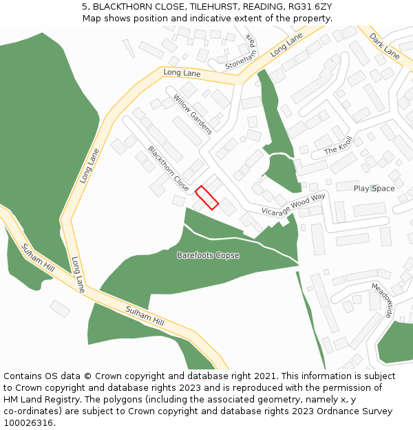 5, BLACKTHORN CLOSE, TILEHURST, READING, RG31 6ZY: Location map and indicative extent of plot